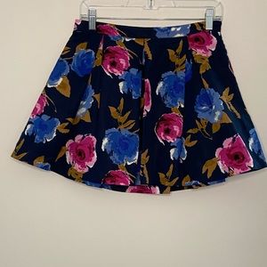 Blue and pink floral print pleated skater skirt